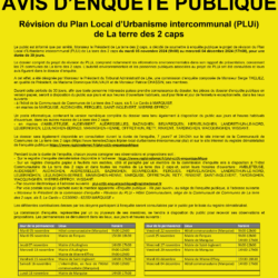 COMMUNAUTE DE COMMUNES DE LA TERRE DES 2 CAPS – PLAN LOCAL D’URBANISME INTERCOMMUNAL – ENQUÊTE PUBLIQUE DU MARDI 5 NOVEMBRE (9H00) AU MERCREDI 4 DECEMBRE (17H00)