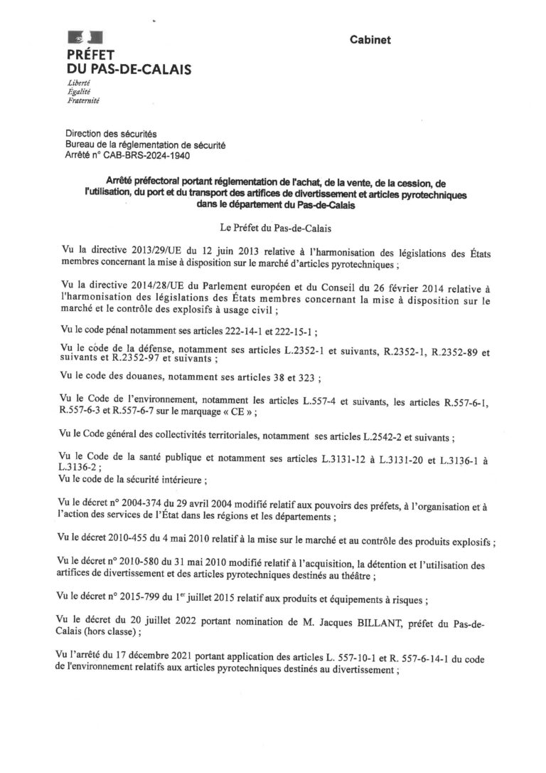 Lire la suite à propos de l’article ARRÊTÉ ARTIFICES ET ARTICLES PYROTECHNIQUES PAS-DE-CALAIS