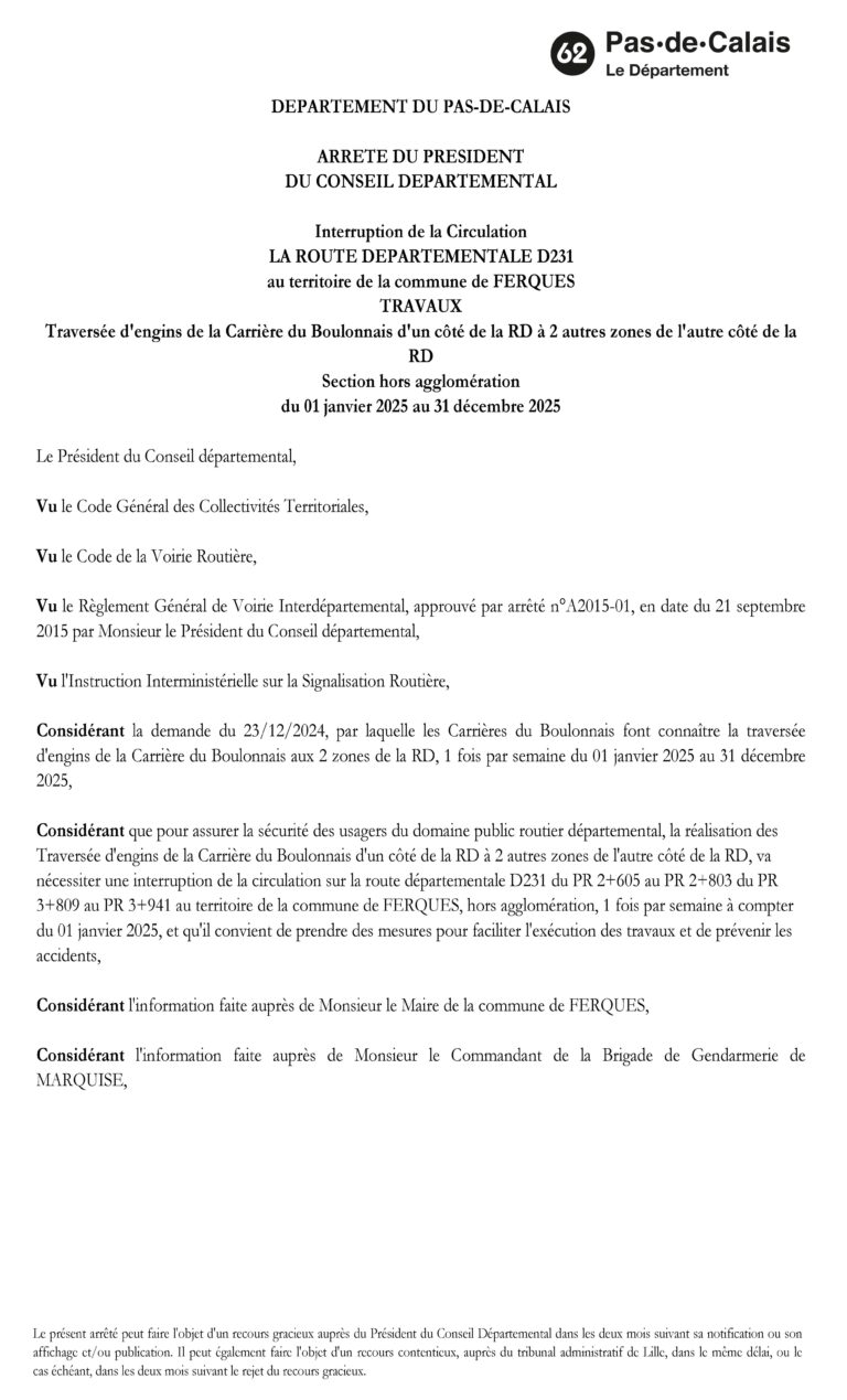 Lire la suite à propos de l’article ARRÊTÉ DE CIRCULATION : TRAVERSÉE D’ENGINS DE LA CARRIÈRE DU BOULONNAIS