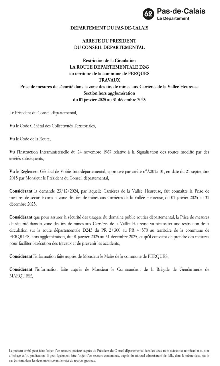 Lire la suite à propos de l’article ARRÊTÉ TIRS DE MINE VALLÉE HEUREUSE