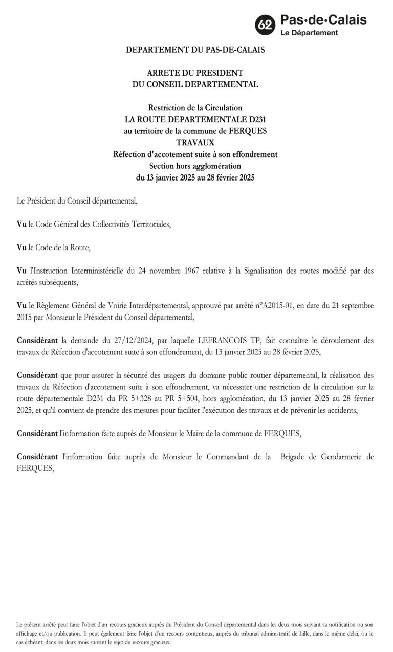 Lire la suite à propos de l’article ARRÊTÉ TRAVAUX ROUTE DÉPARTEMENTALE D231