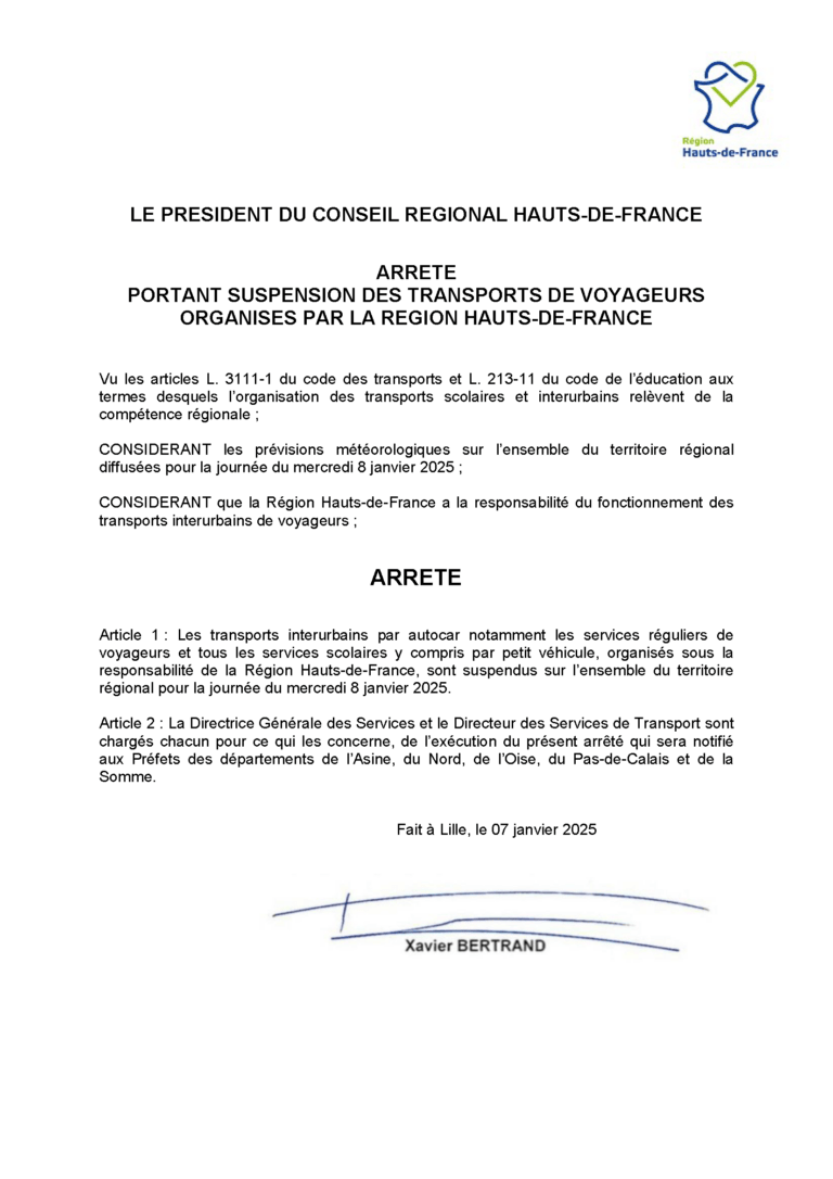 Lire la suite à propos de l’article ARRÊTÉ INTERRUPTION DES TRANSPORTS RÉGION HAUTS-DE-FRANCE