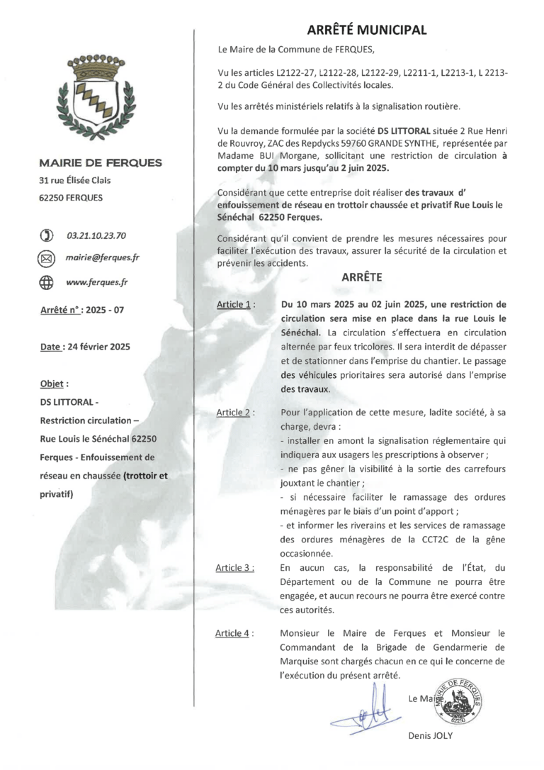 Lire la suite à propos de l’article ARRÊTÉ RESTRICTION DE CIRCULATION RUE LOUIS LE SÉNÉCHAL : TRAVAUX D’ENFOUISSEMENT DE RÉSEAU EN CHAUSSÉE (DU 10 MARS AU 2 JUIN 2025)